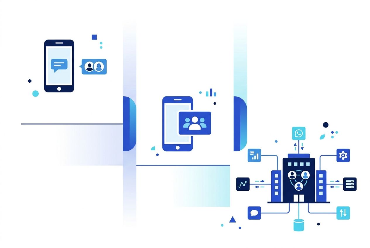 Comparação visual entre app comum, app Business e operação empresarial no WhatsApp