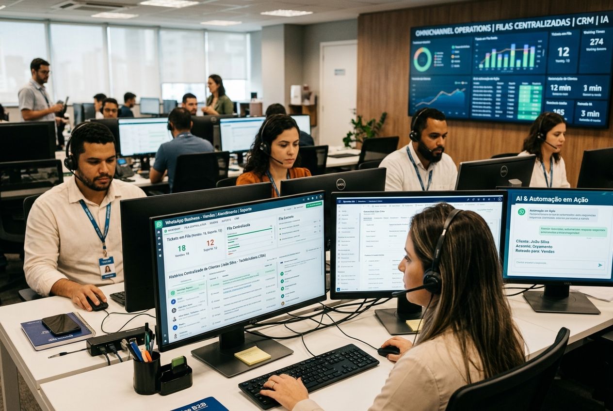 Operação com múltiplos atendentes no mesmo número, distribuição por setores e automação integrada.