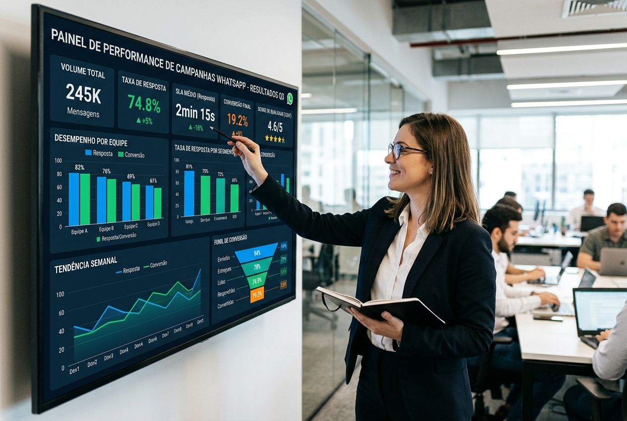Dashboard com KPIs de qualidade, resposta, SLA e conversão em operação de WhatsApp.
